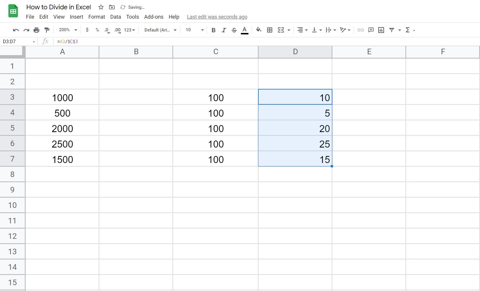 How to divide in Excel