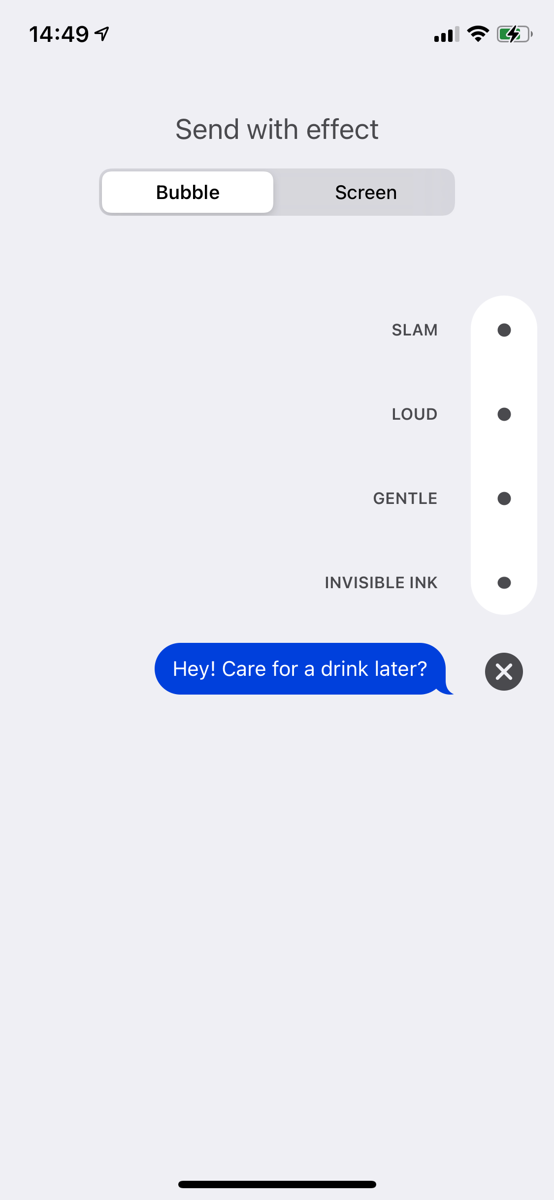 An iMessage screenshot showing Effects options