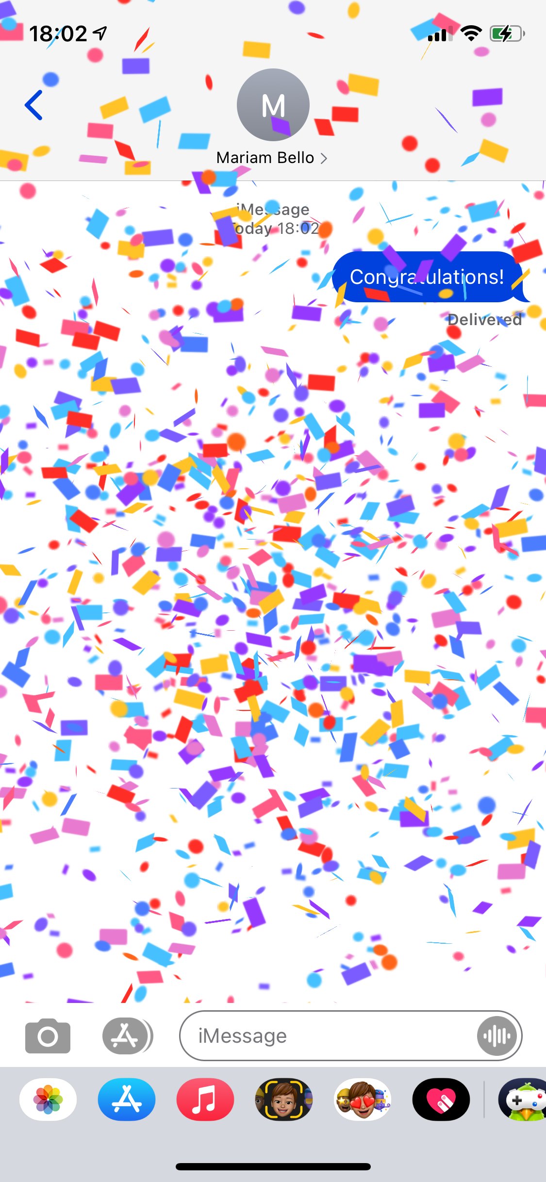Sending a Congratulations message triggers the Confetti effect