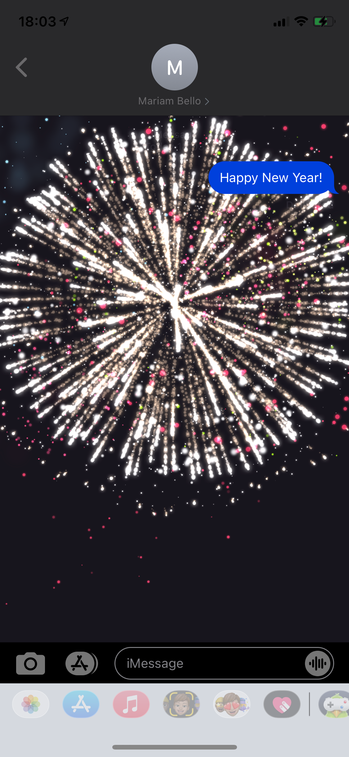 Sending a Happy New Year message triggers the Fireworks effect
