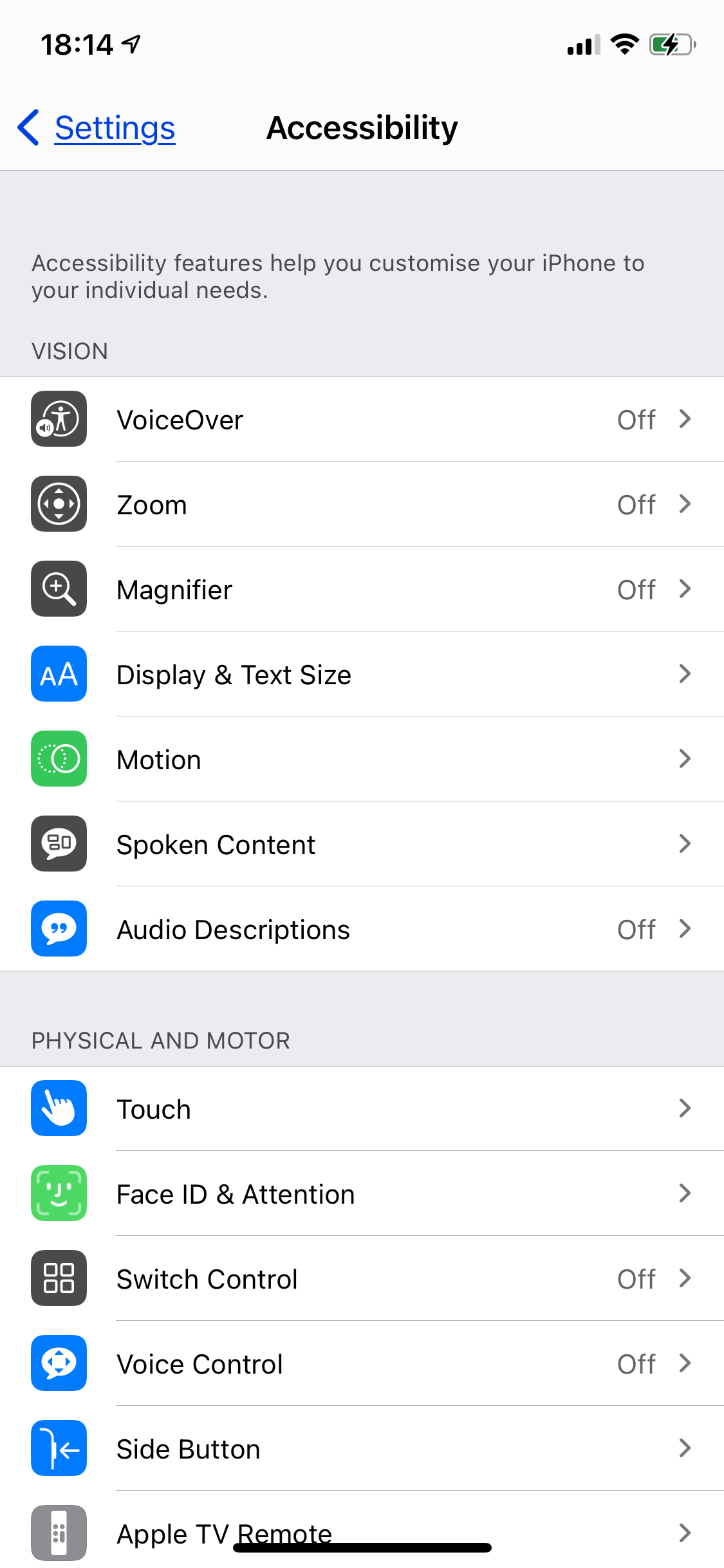 iPhone settings menu