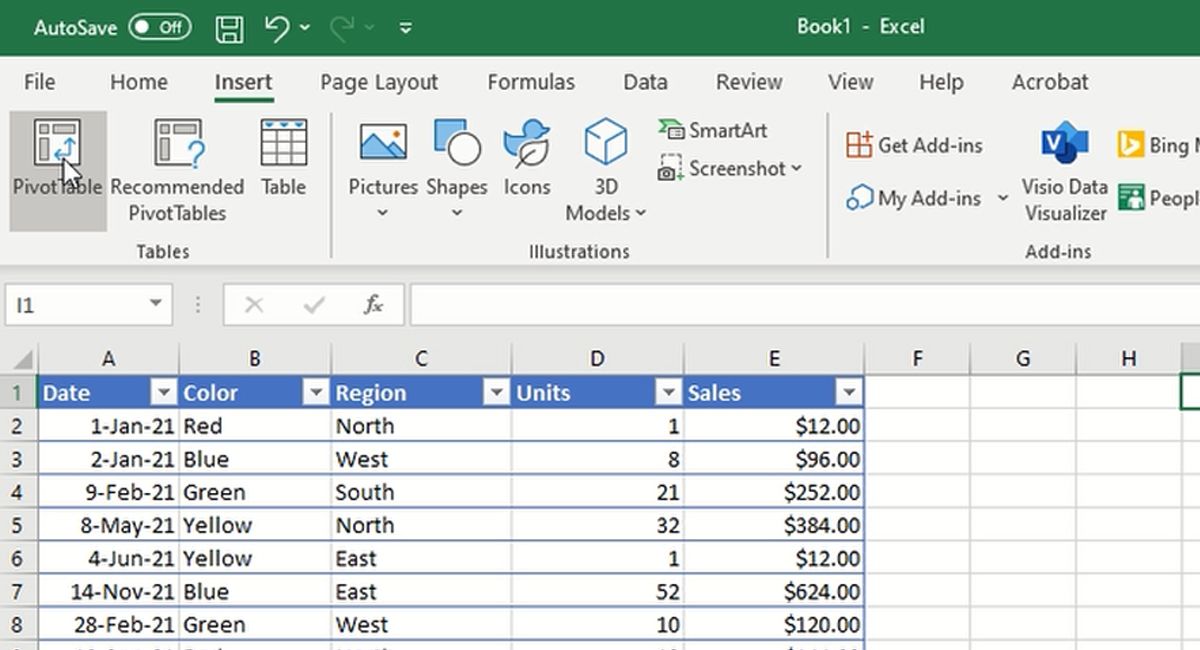 Inserting a Pivot Table in Excel
