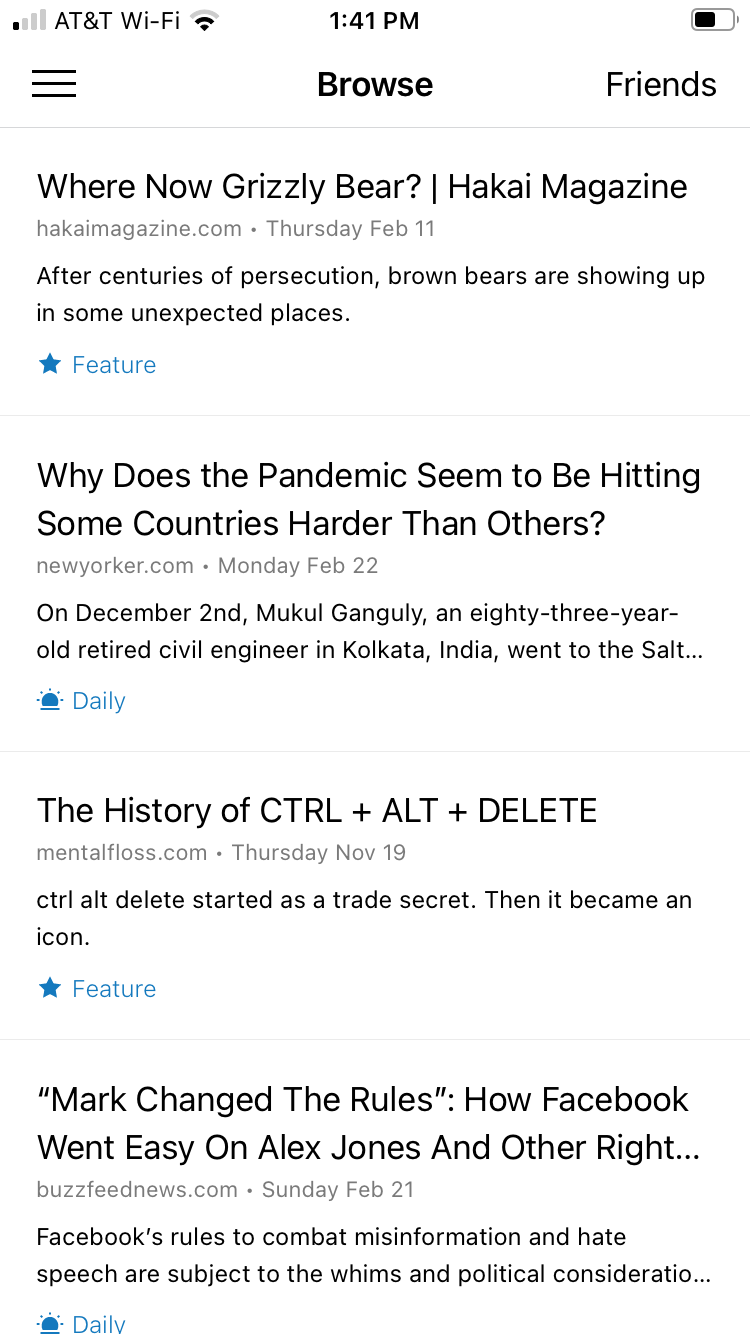 Instapaper's Browse tab with new articles to discover