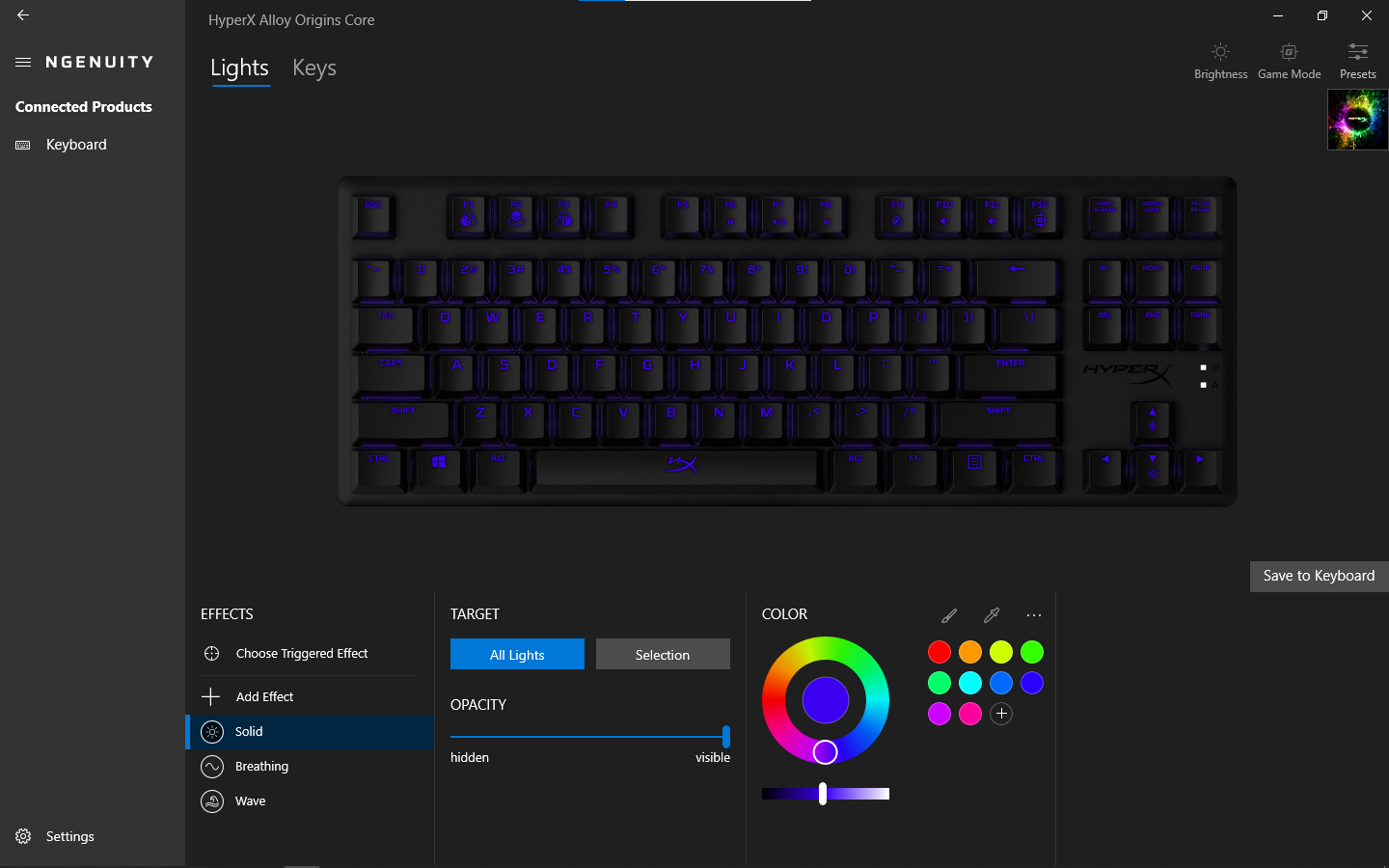 HyperX Keyboard Customization Screen