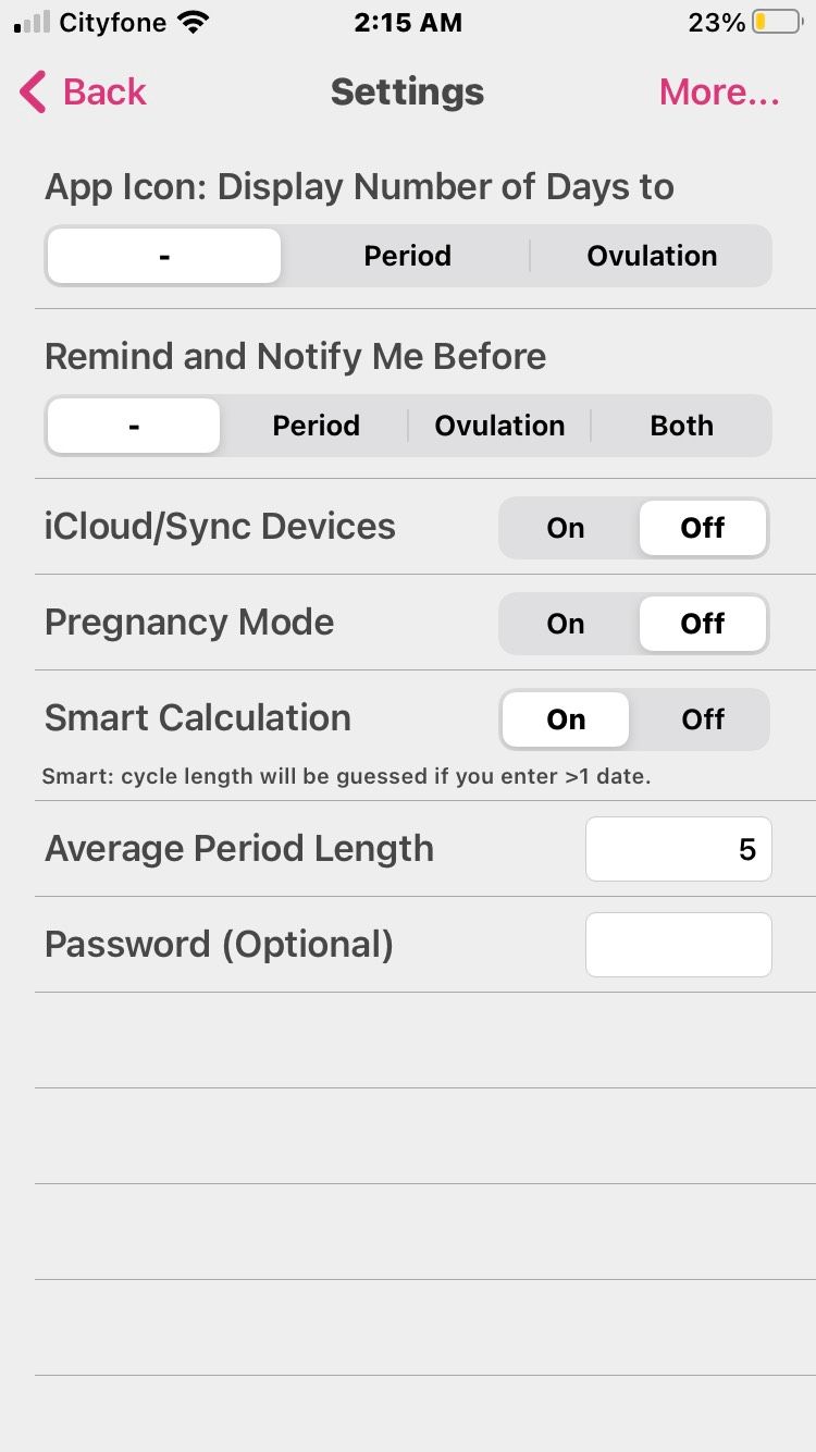 Menstruation Tracker Period Settings Options Screenshot