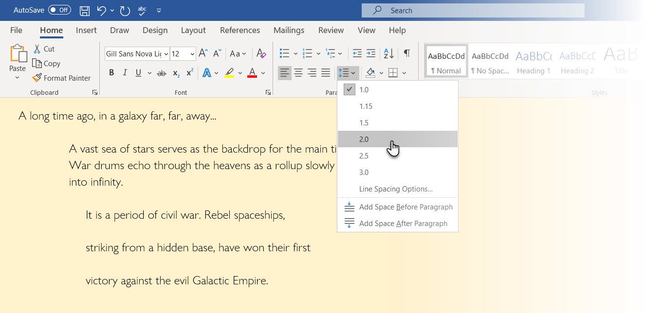 Double space from Home tab in Word