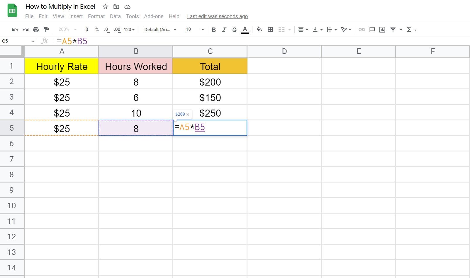 Multiply columns in Excel