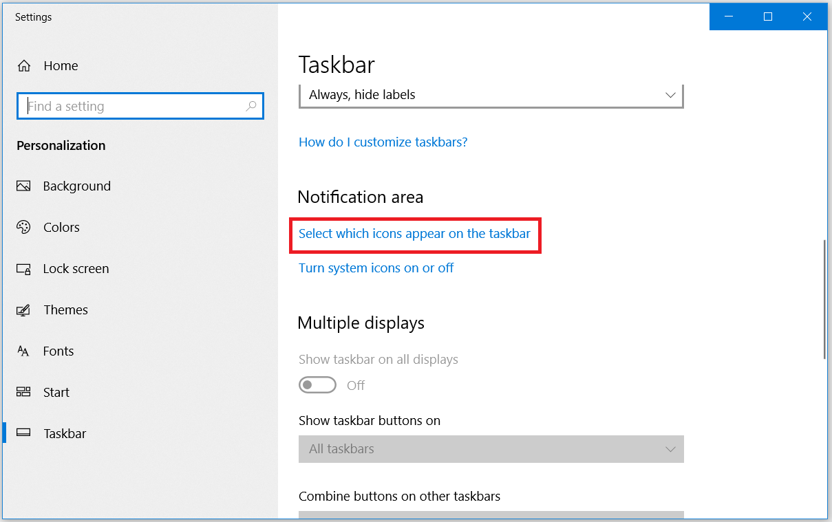Navigating to Notification area in the Taskbar Settings