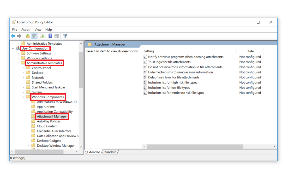 Navigating to the Attachment Manager in Group Policy Editor
