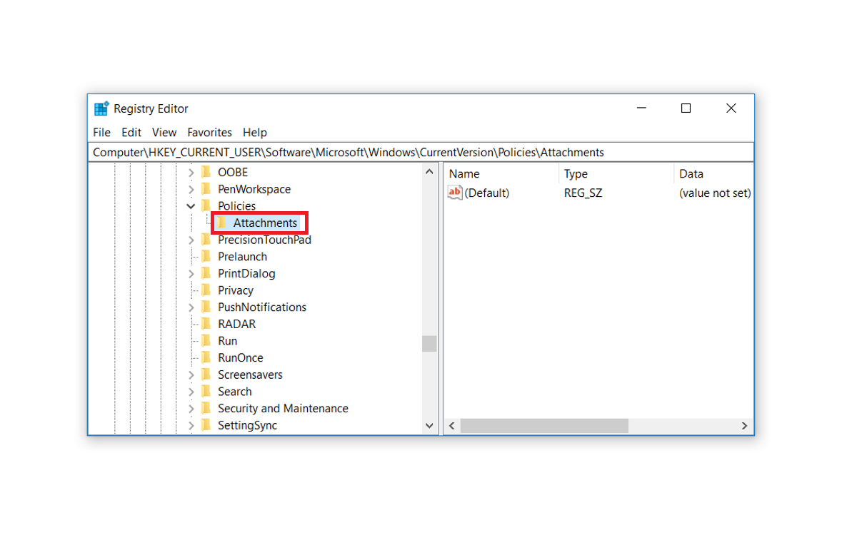Navigating to the Attachments key in the Registry Editor