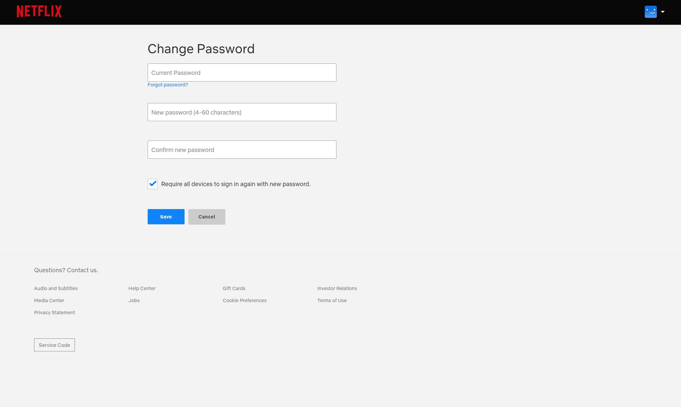 Netflix change password on browser