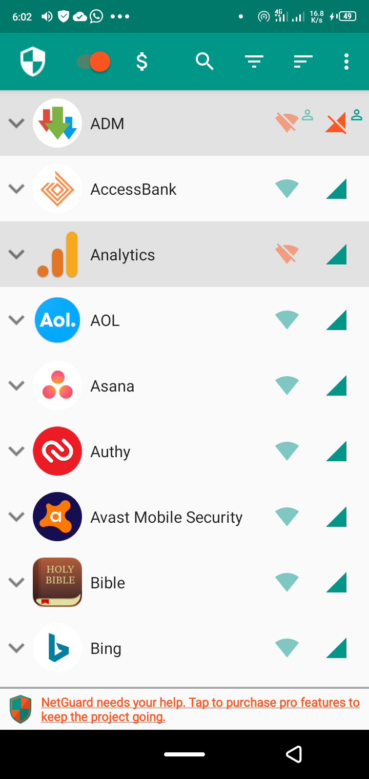 Netguard displaying all installed apps