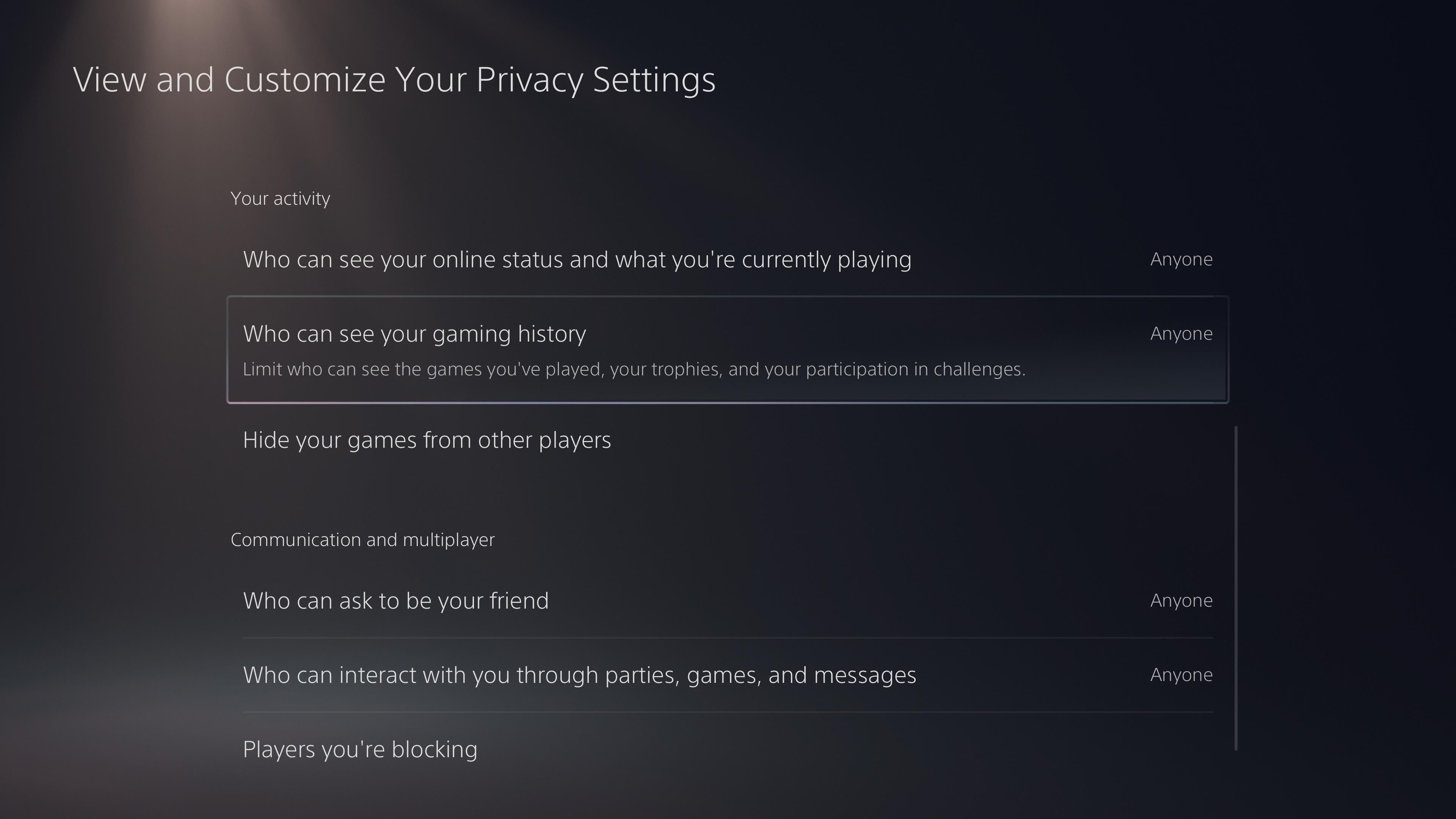 PS5 Gaming History Privacy