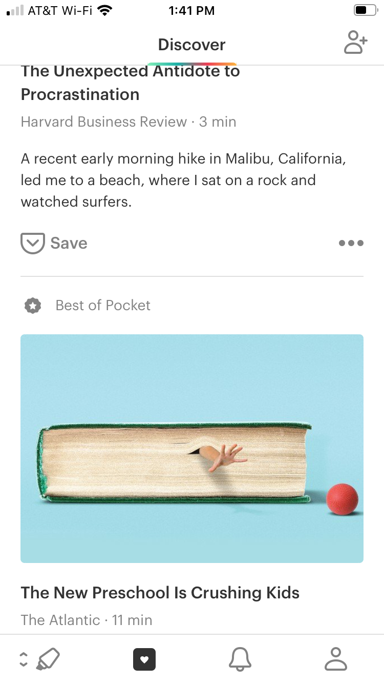 Pocket's Discover tab with new articles.
