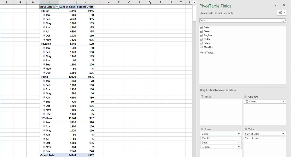 Rows Sorted Color First in Pivot Table