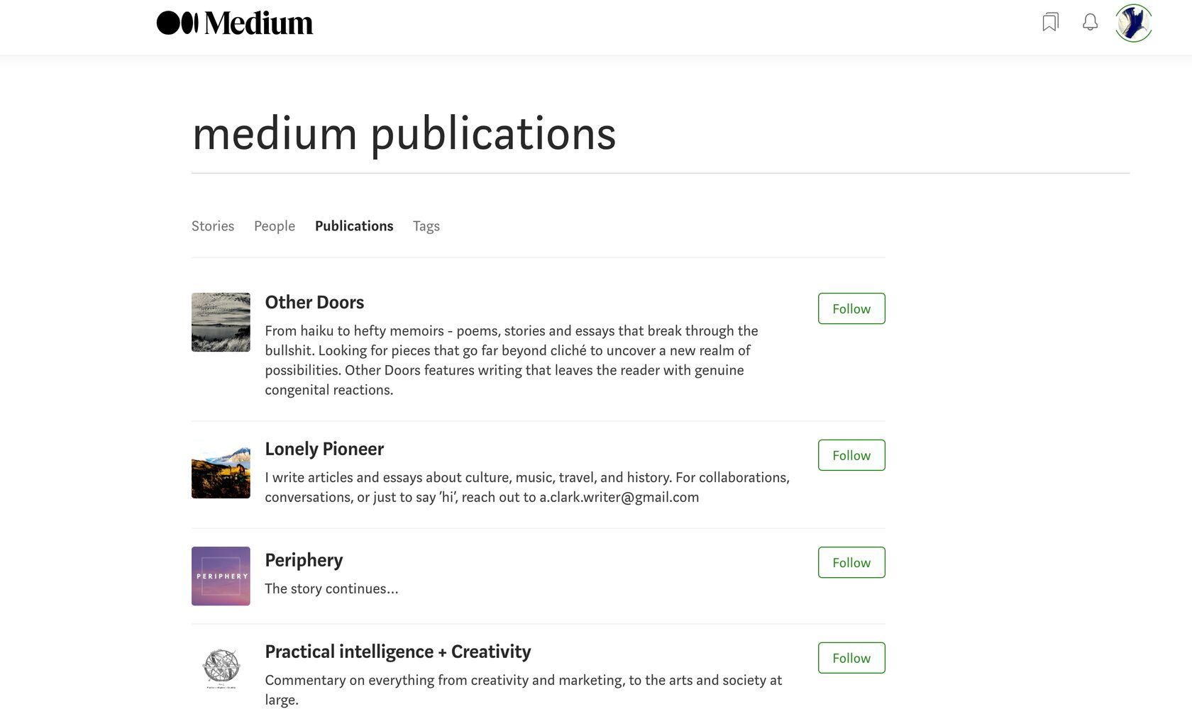 screenshot of Medium publications