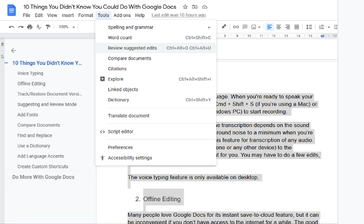 Google Docs Tools dropdown menu with cursor on Review Suggested Edits