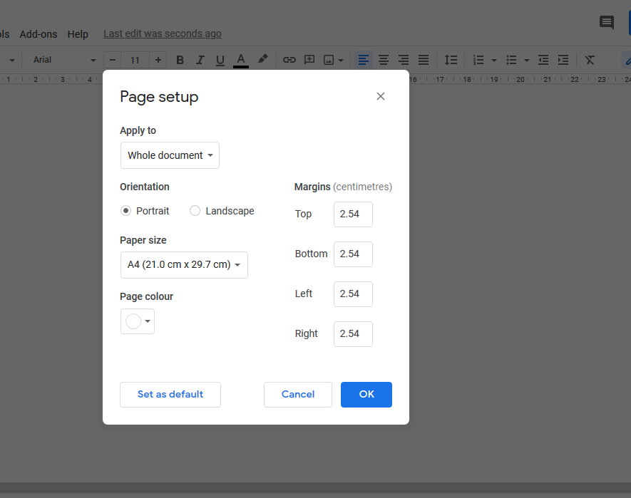 Google Docs page setup