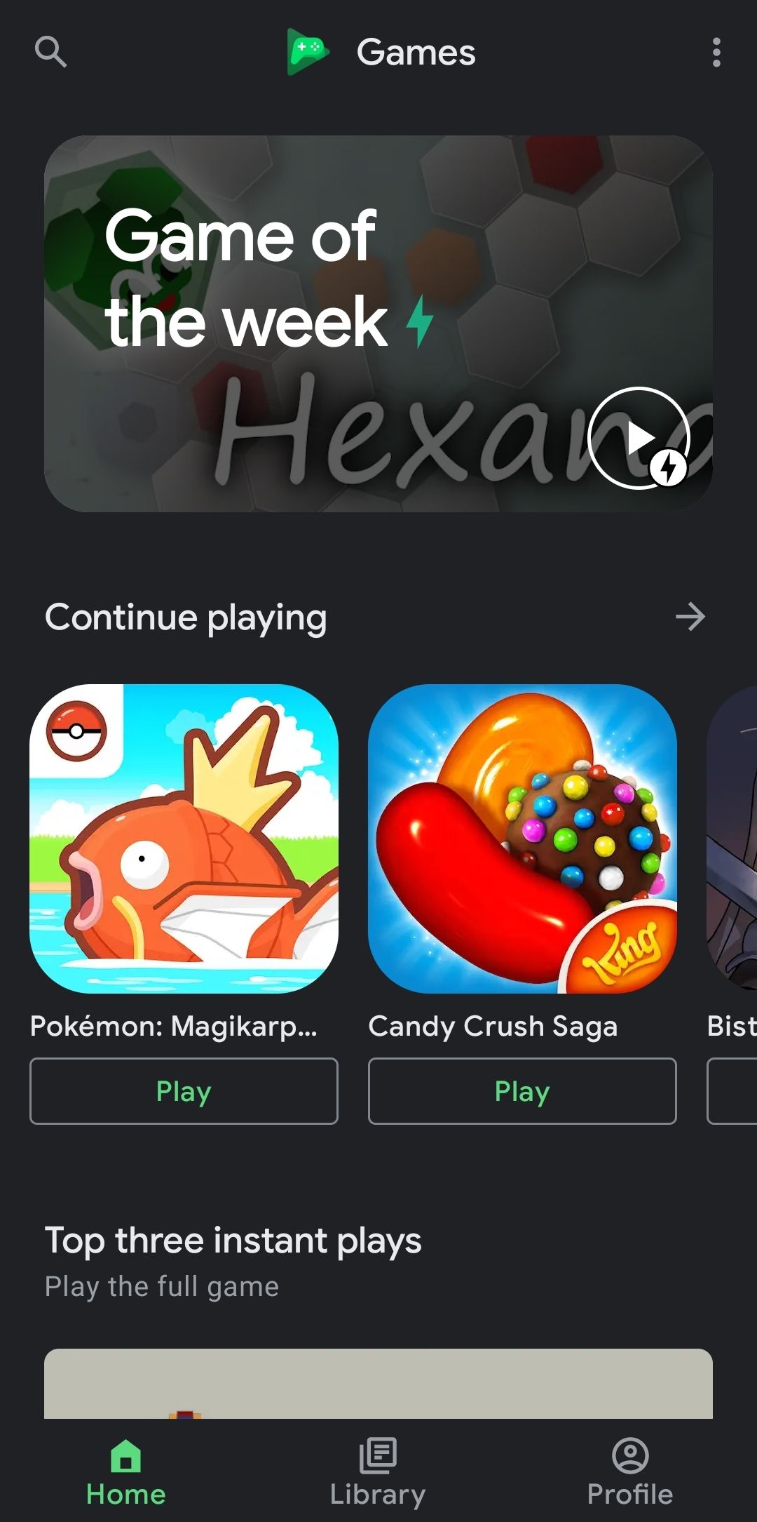 Google Play Games' home screen allocates only one line of the home page to your games - the rest is ad space