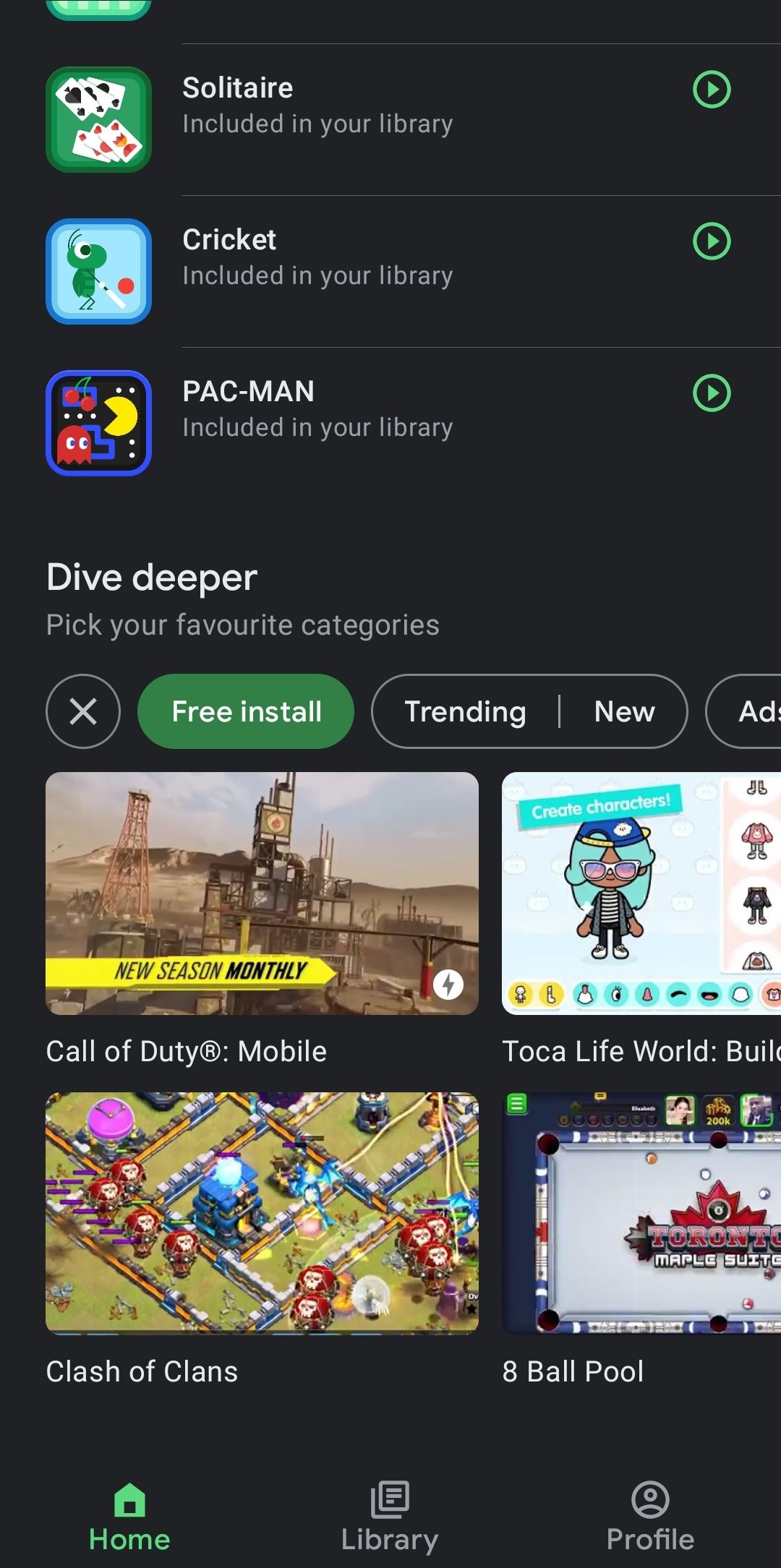Google Play Games' dive deeper search shows categories to filter suggested games