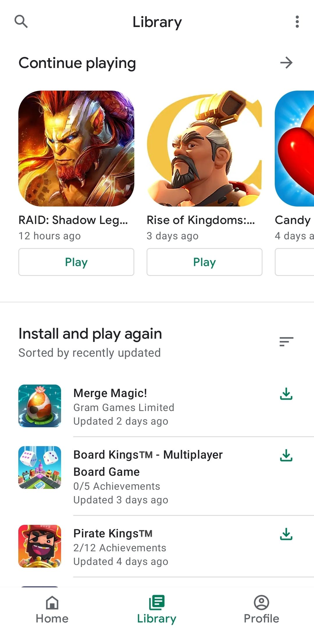 the library screen of Google play games