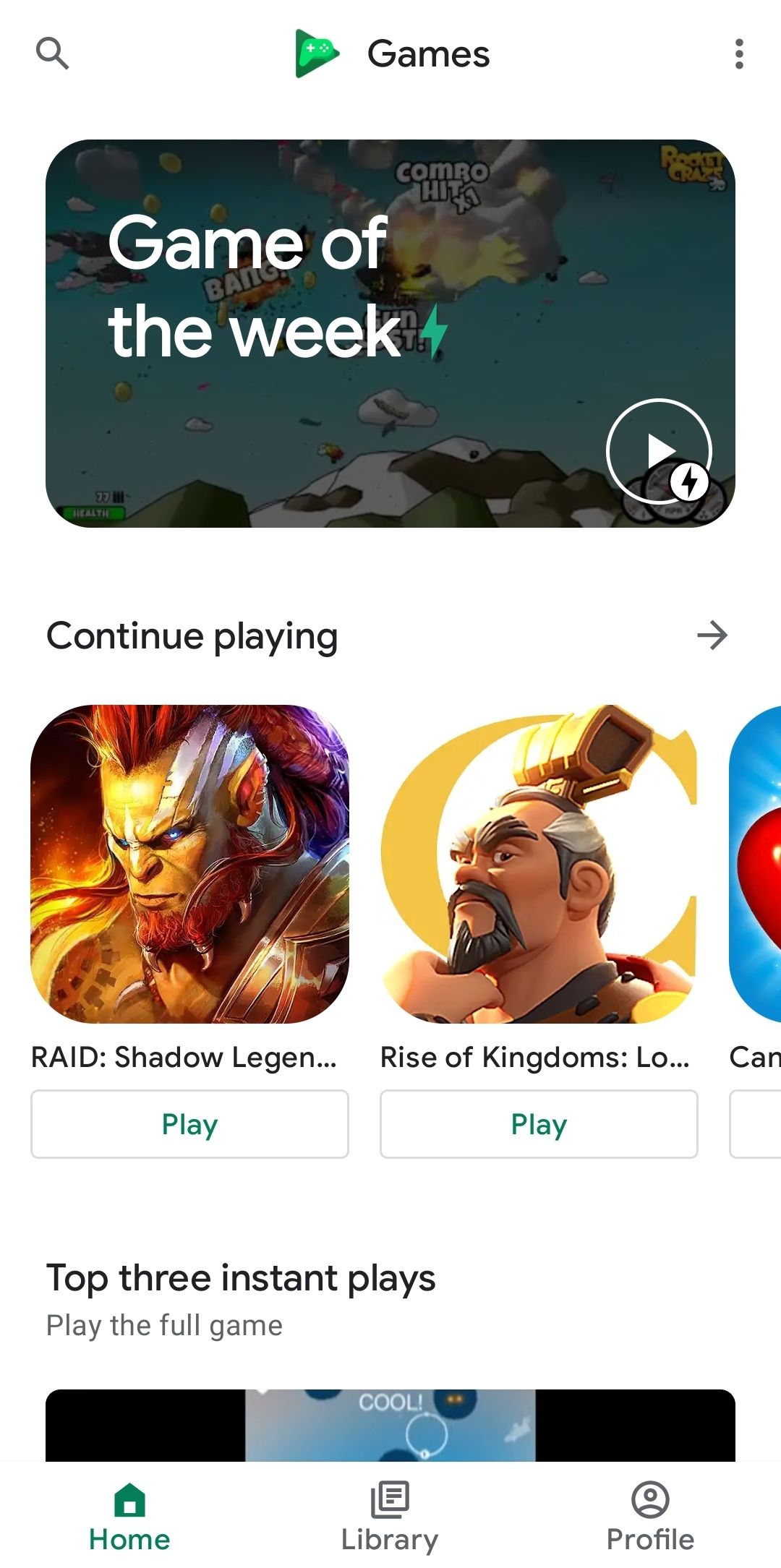 the homescreen of Google play games