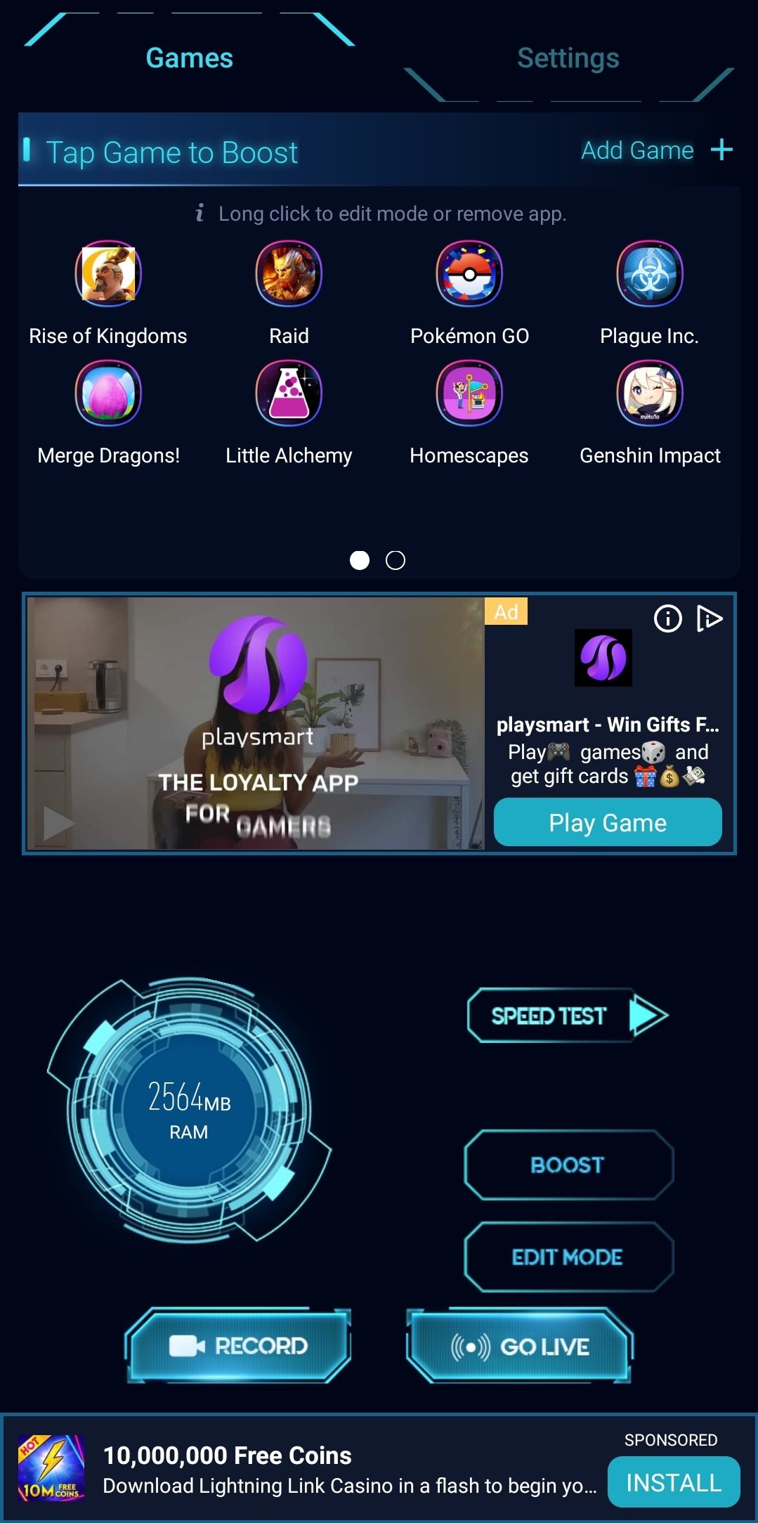 Game Booster's home screen is crowded but puts boosting front and center