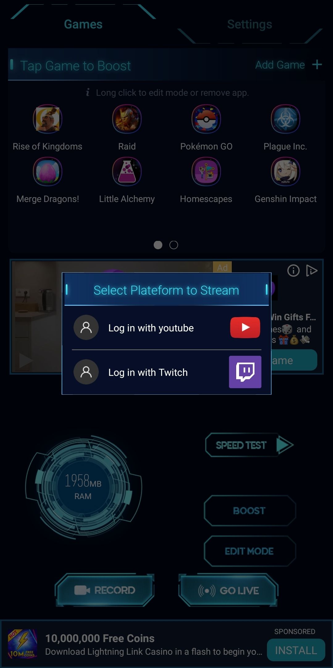 Games Booster offers a choice to stream to either YouTube or Twitch