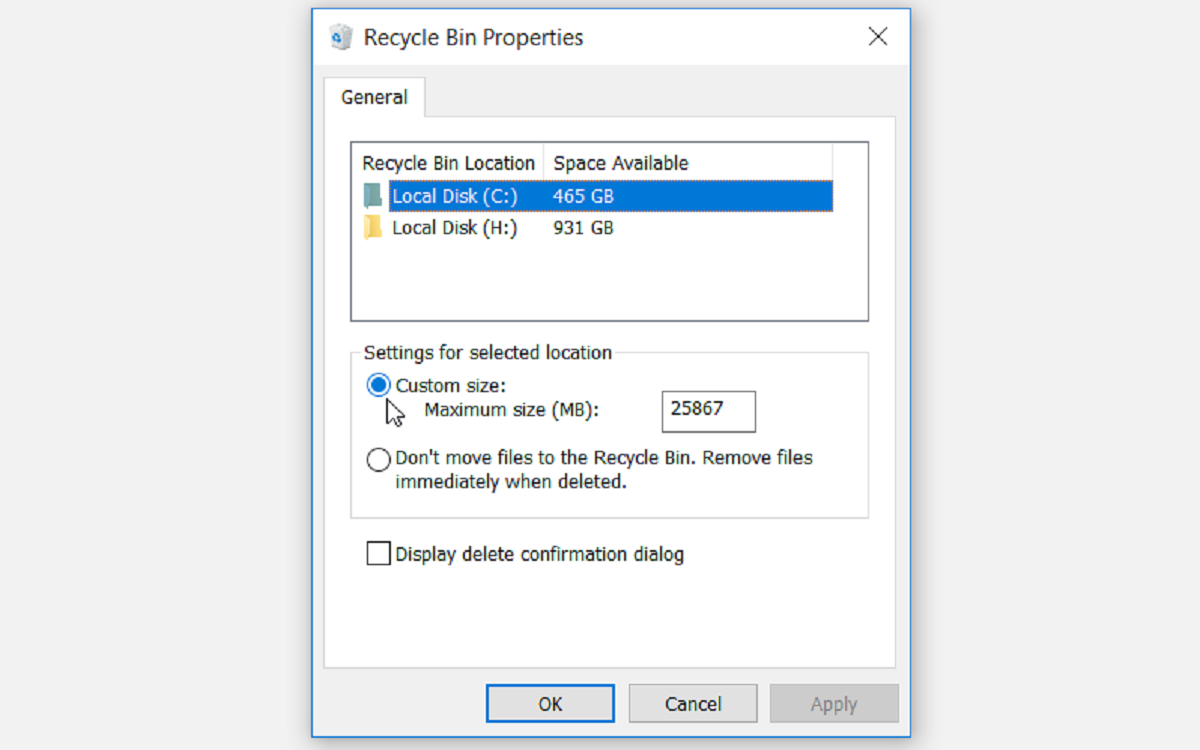 Selecting custom size for Recycle Bin