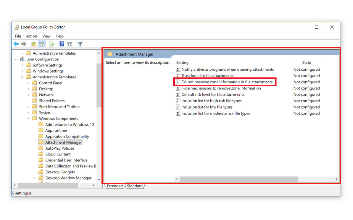 Selecting the option to not preserve zone information in file attachments in Group Policy Editor