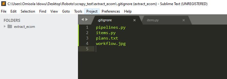 Sublime text with .gitignore file opened