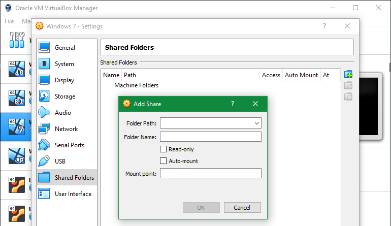 VirtualBox Add Shared Folders