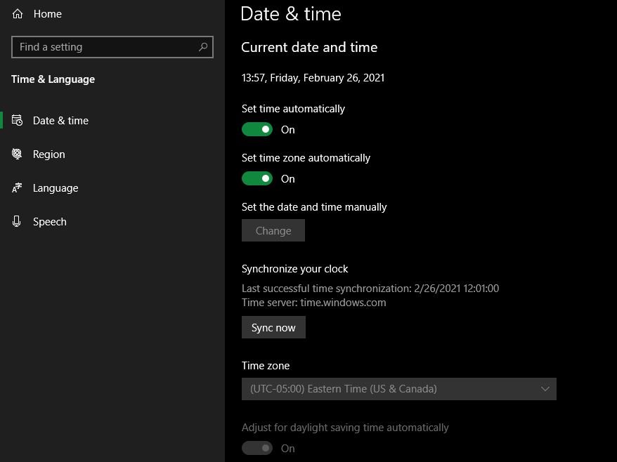 Windows 10 Time Settings