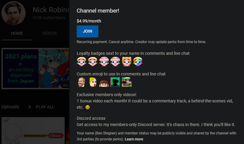 YouTube Channel Membership Perks
