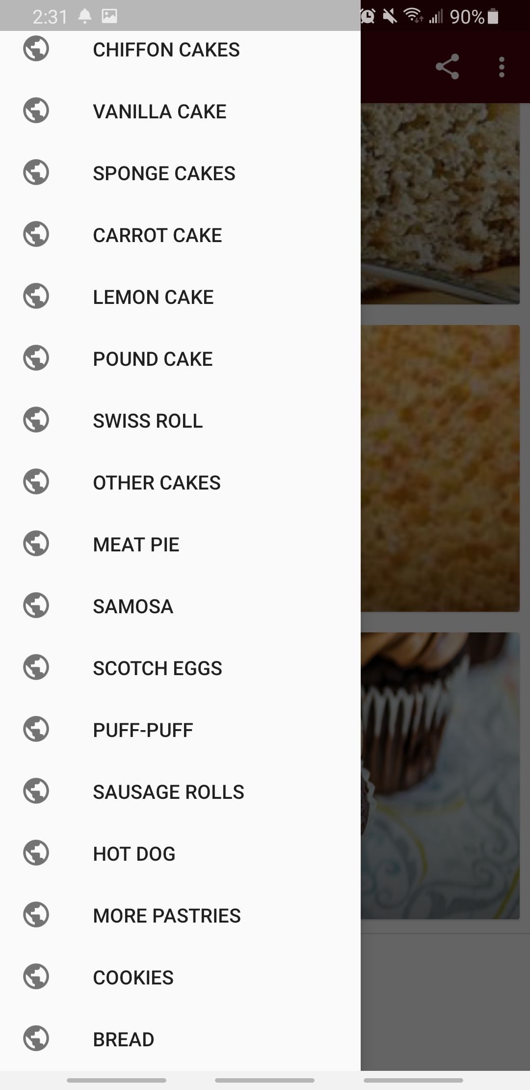all baking recipes app showing all different types of cake recipes