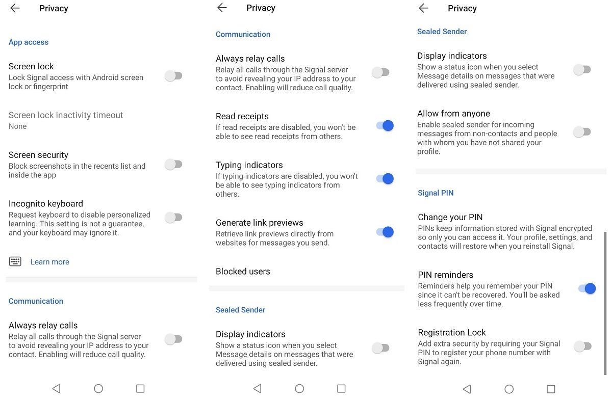 All the choices you can make with Signal in terms of privacy