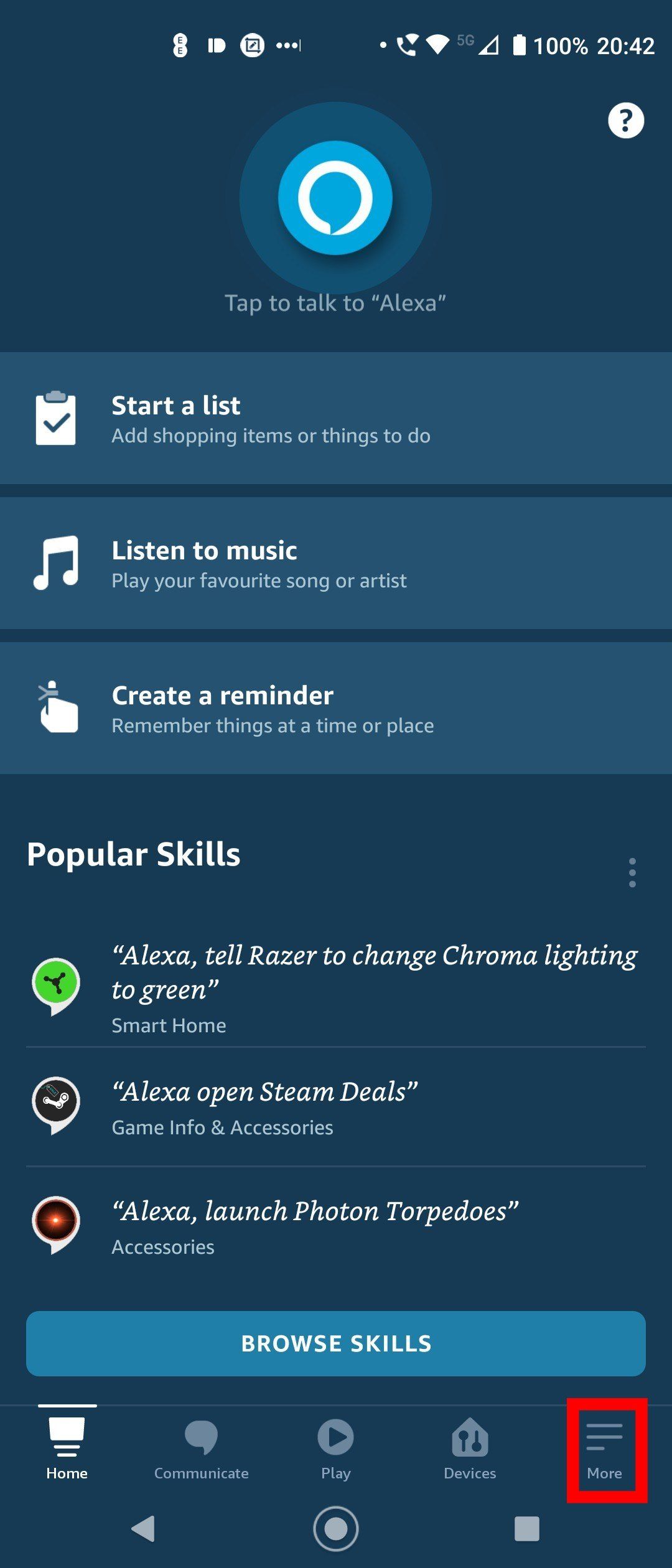 Selecting More in the Alexa app