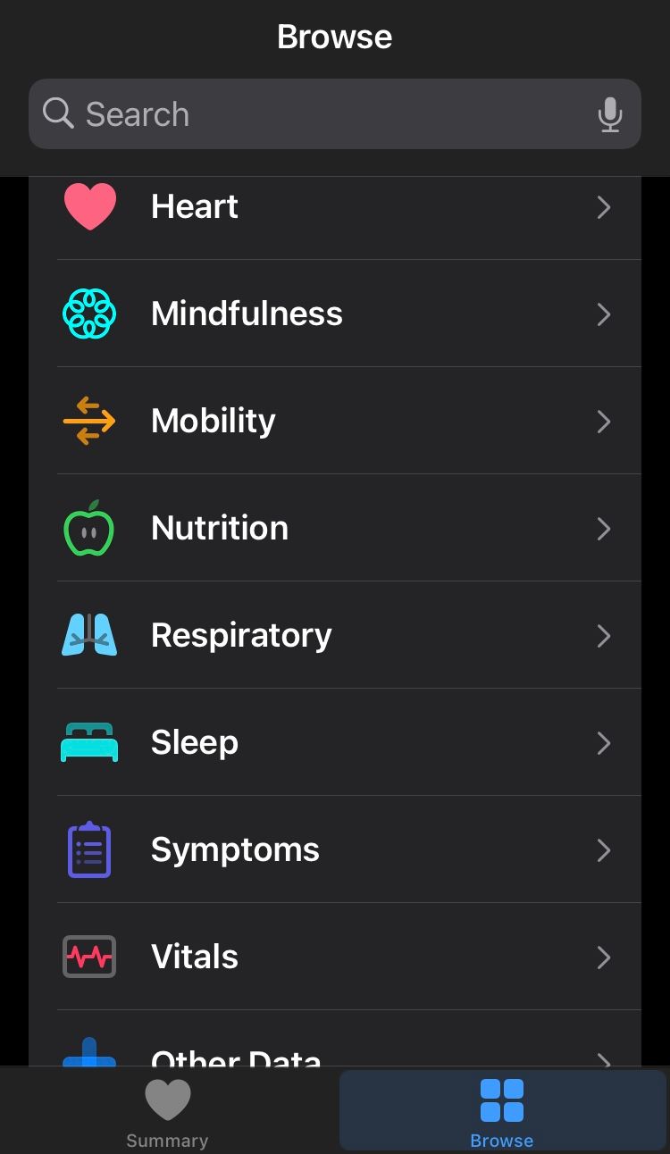 Apple Health Browse Menu displaying different health data tracking features