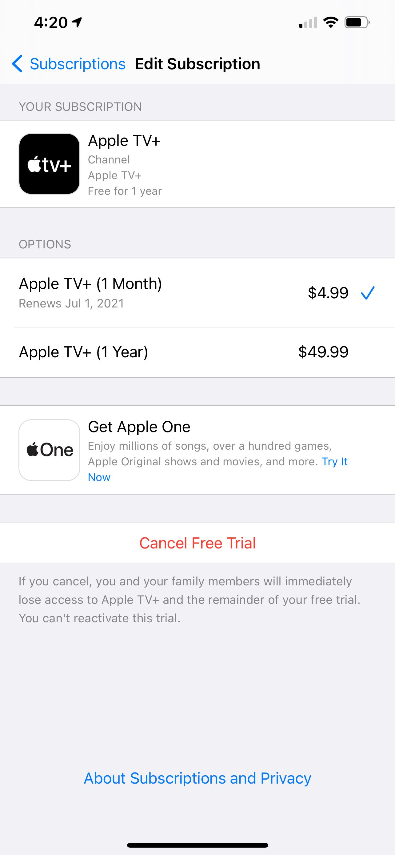 apple tv cancel subscription