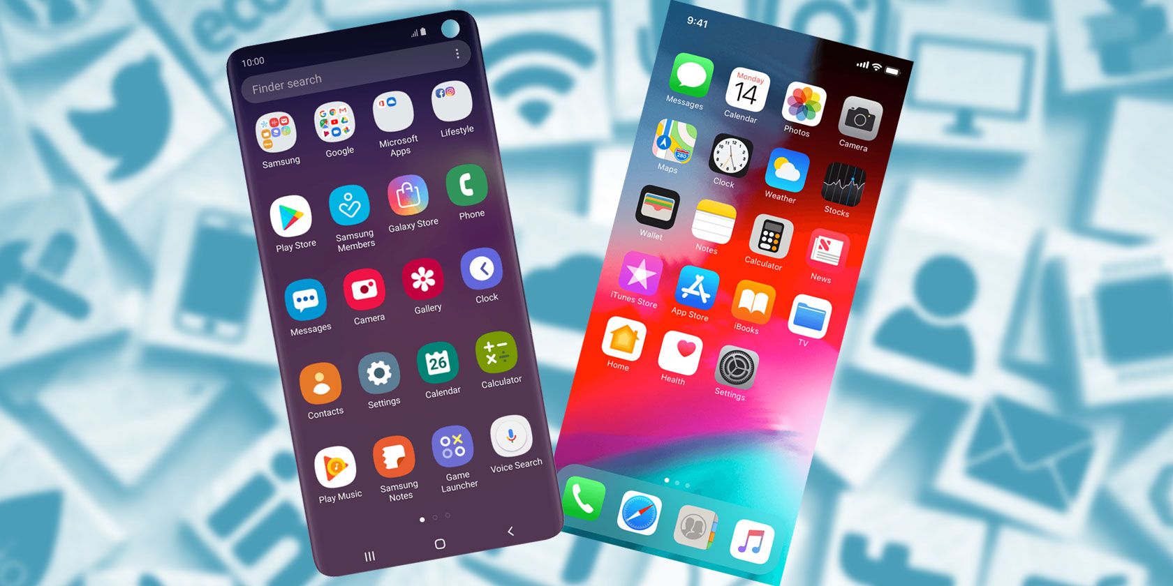 Android phone and iPhone on background of app icons