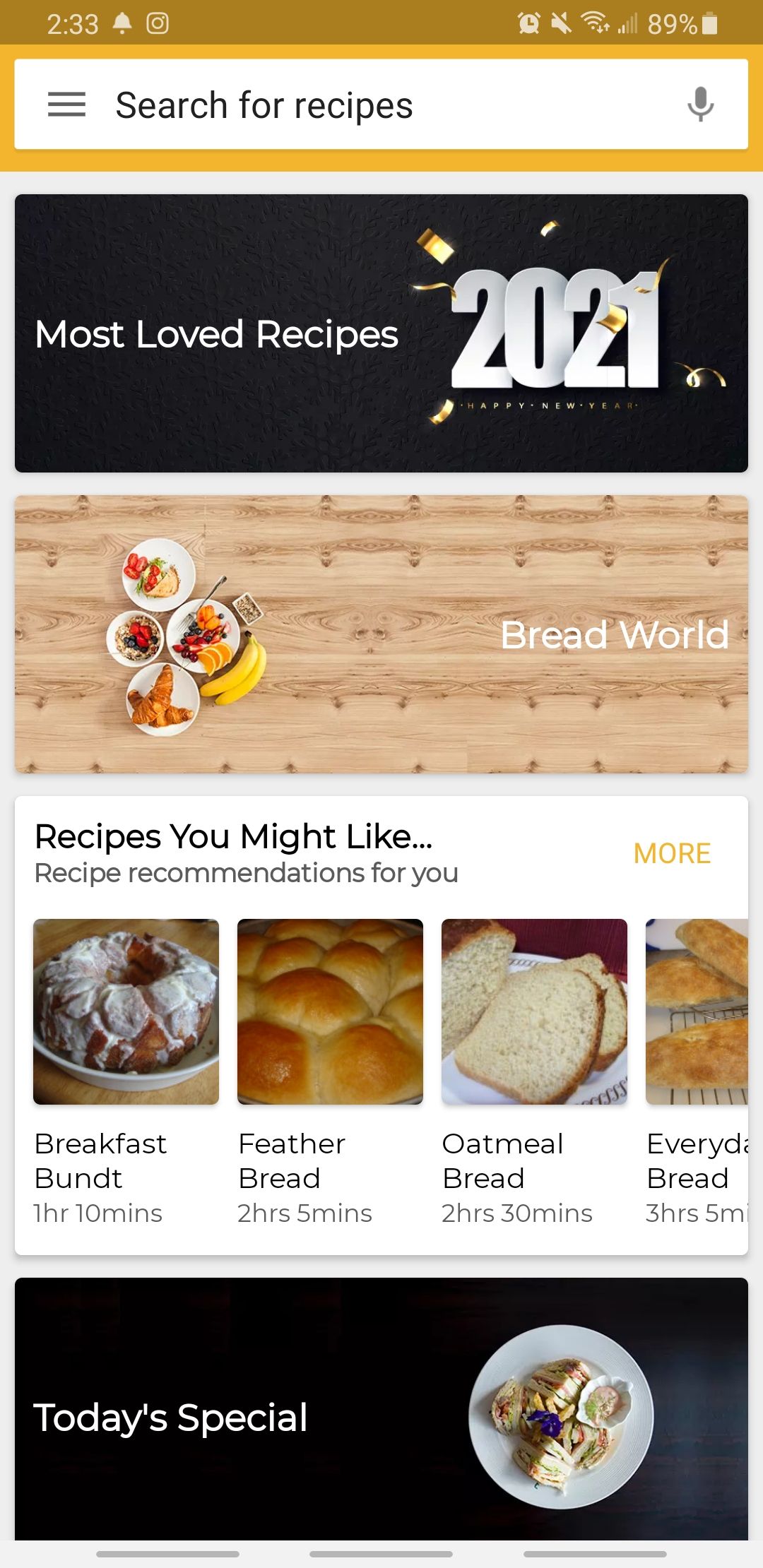 bread recipes app home page