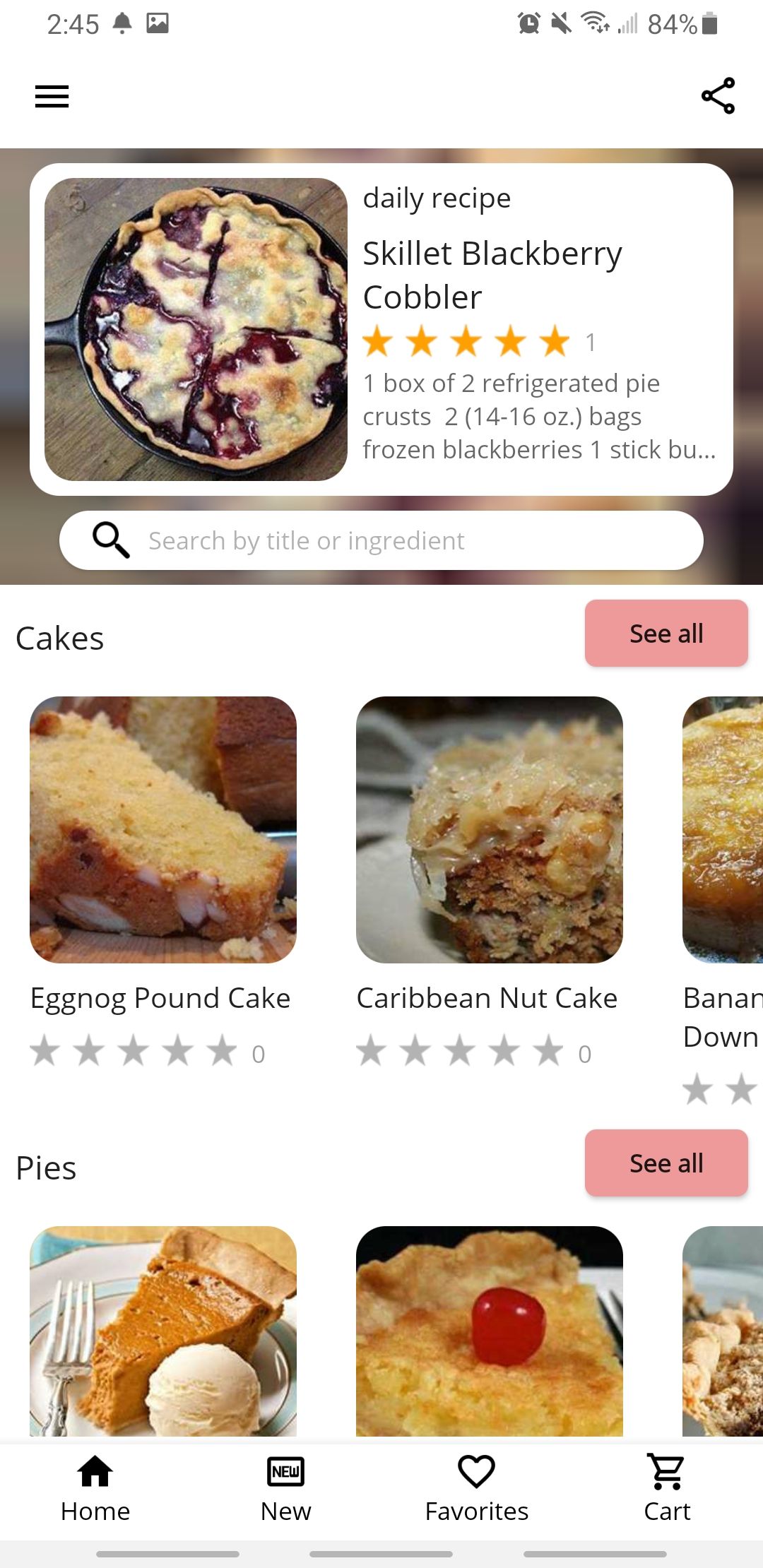 cake and baking recipes app home page