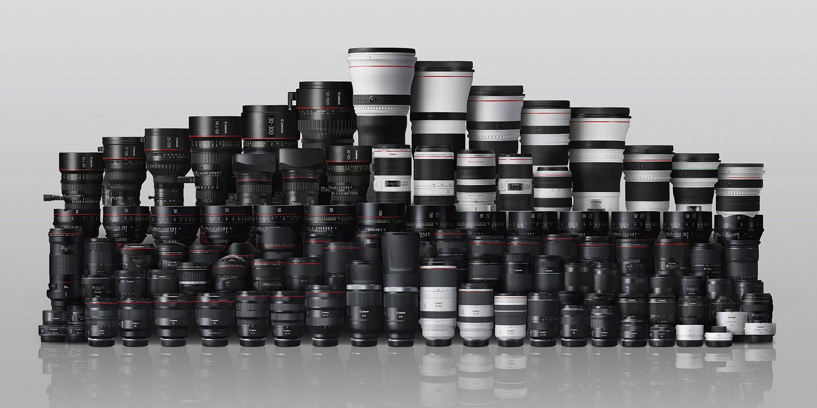 A wall of camera lenses produced by Canon