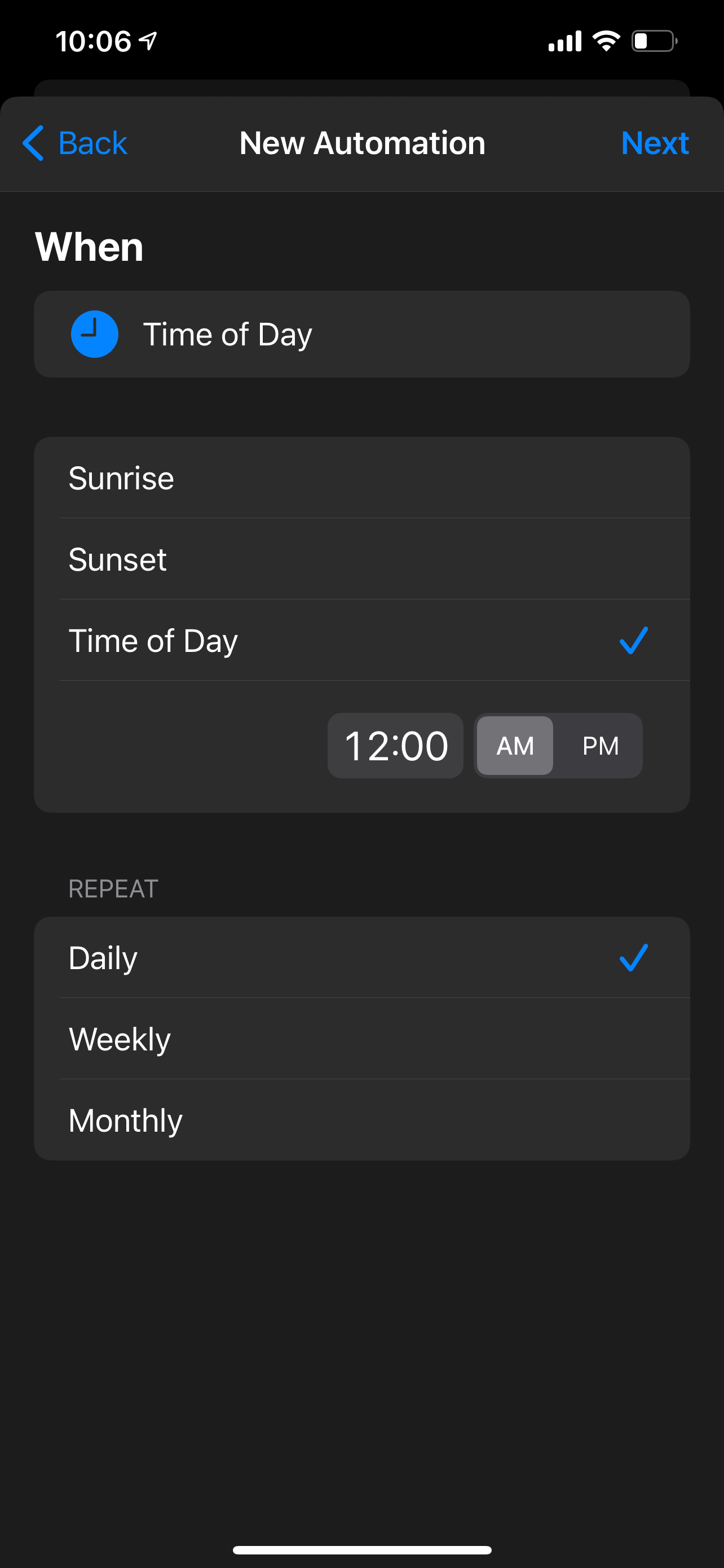 Screenshot of time-based automation setup