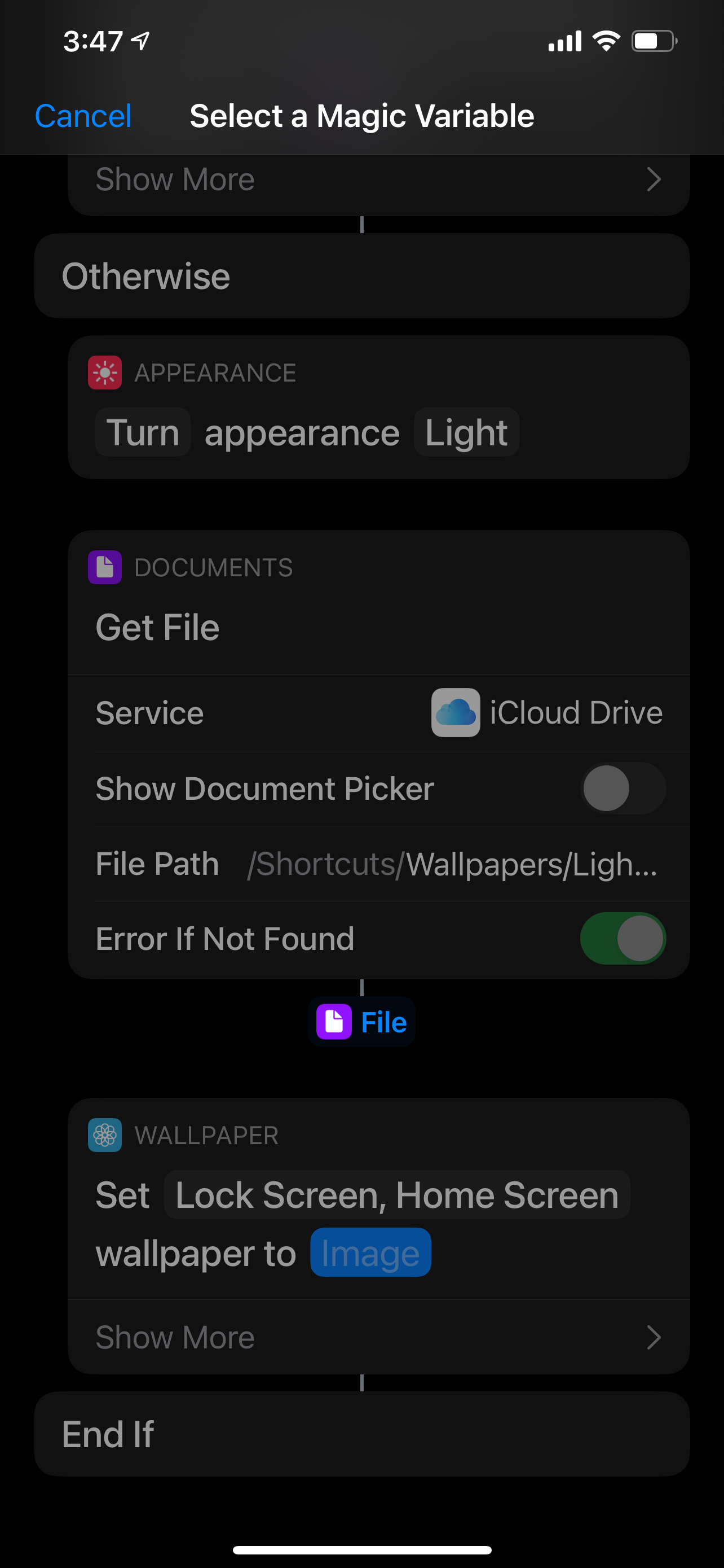 Choose file as input for Shortcuts action