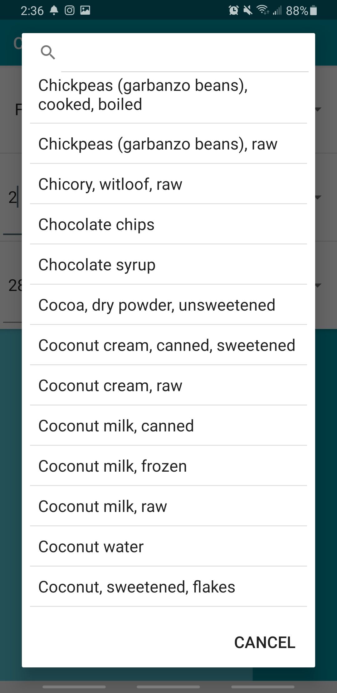 cupful app showing different ingredients to choose from