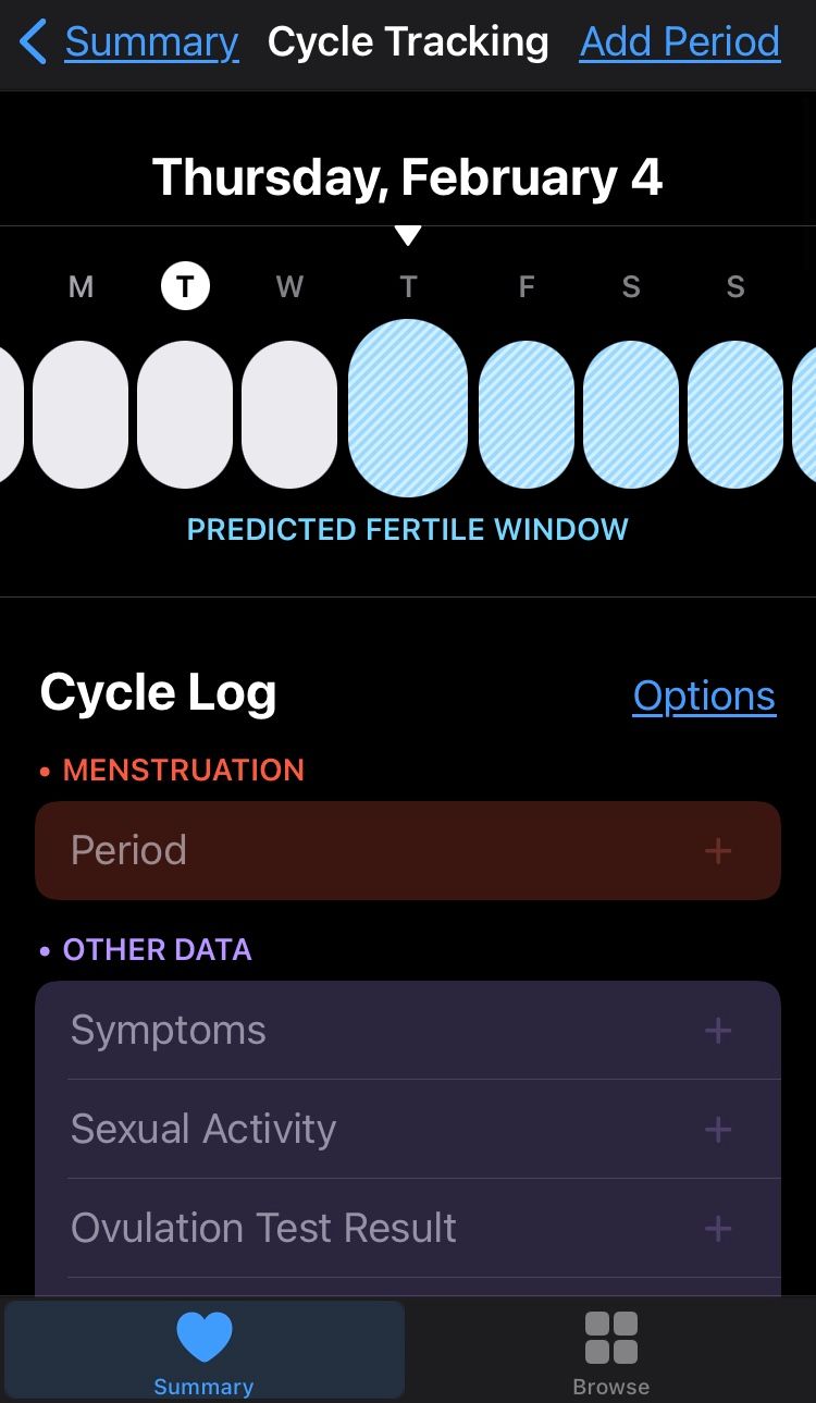 Main display screen of the cycle tracking feature within apple health. It shows the cycle log and where you are in your cycle