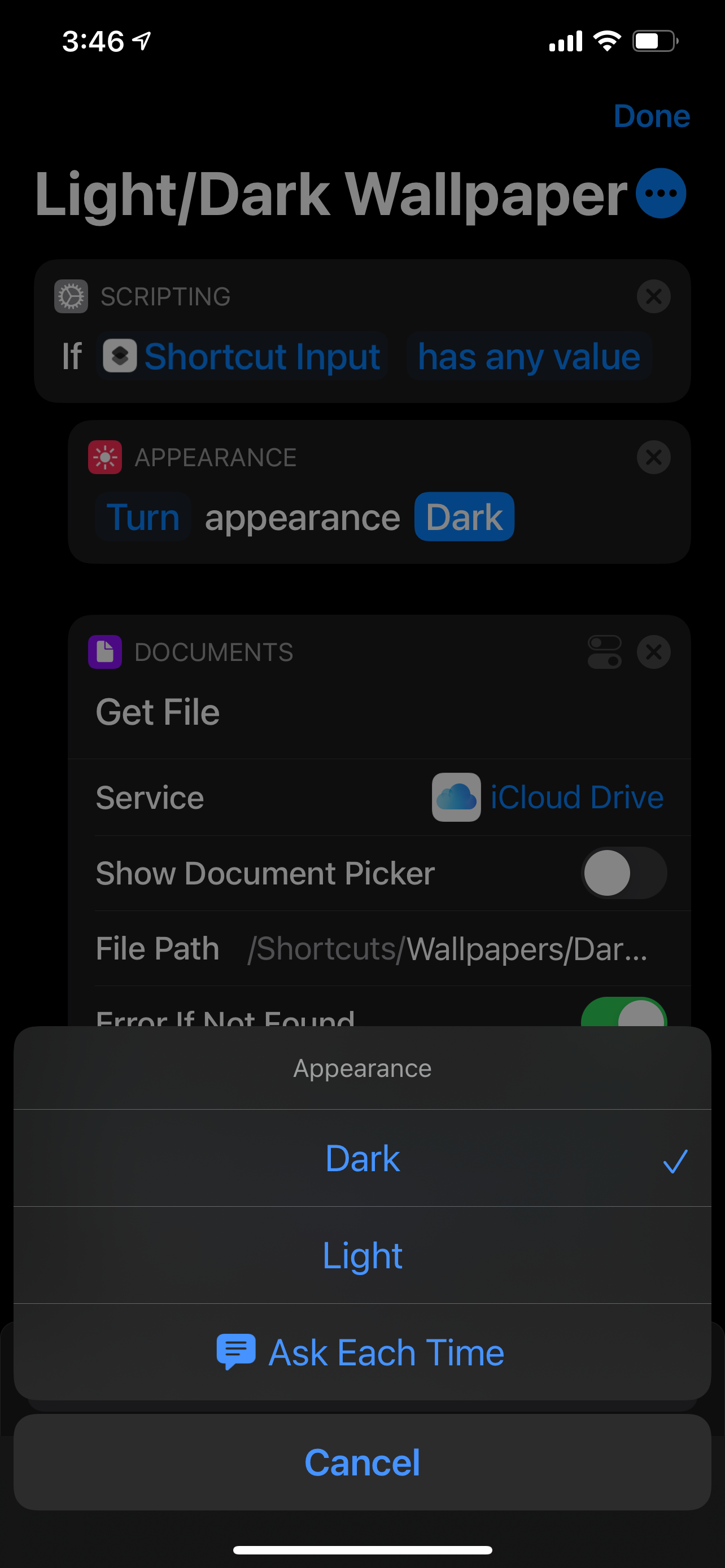 Set device to dark appearance in Shortcut
