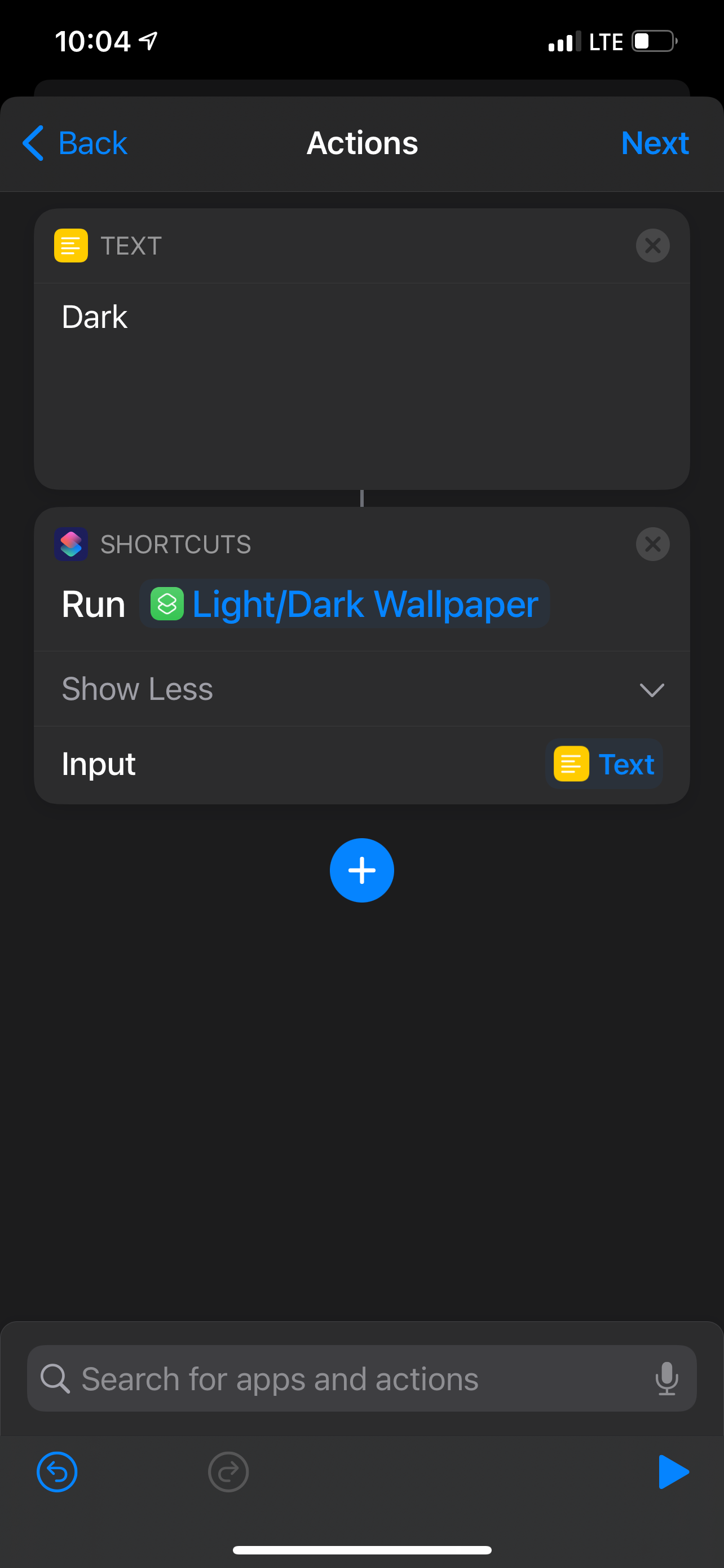 Screenshot of automation that sets dark mode wallpaper
