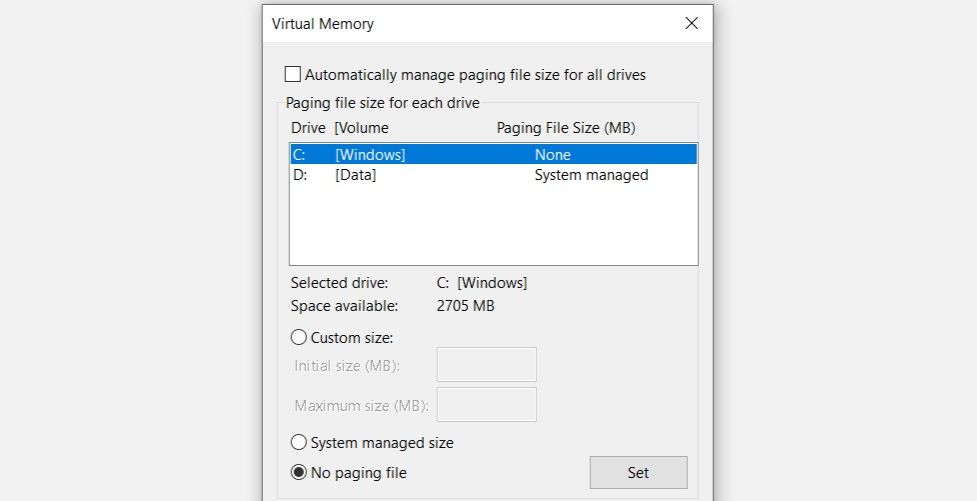 Advanced virtual Memory options